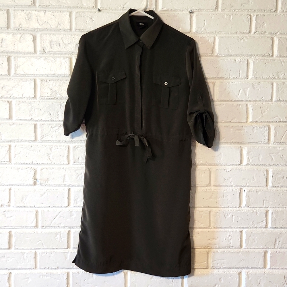 Mossimo Woman Roll Sleeves Tied Waist Button Front Dress Size Small Green